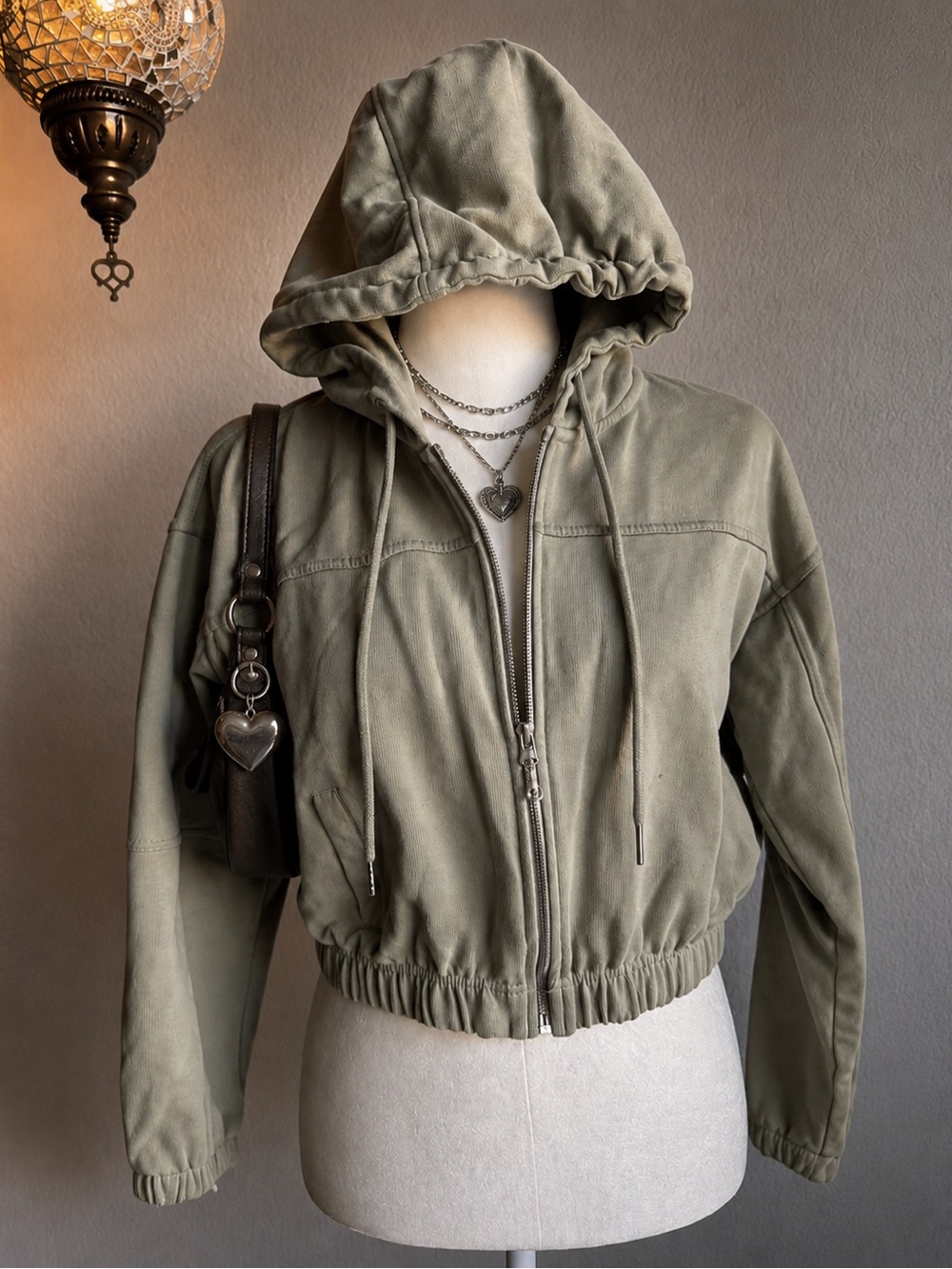 Ashley Vintage Charm Sage Green Cropped Zip Hoodie Y2K Size Medium